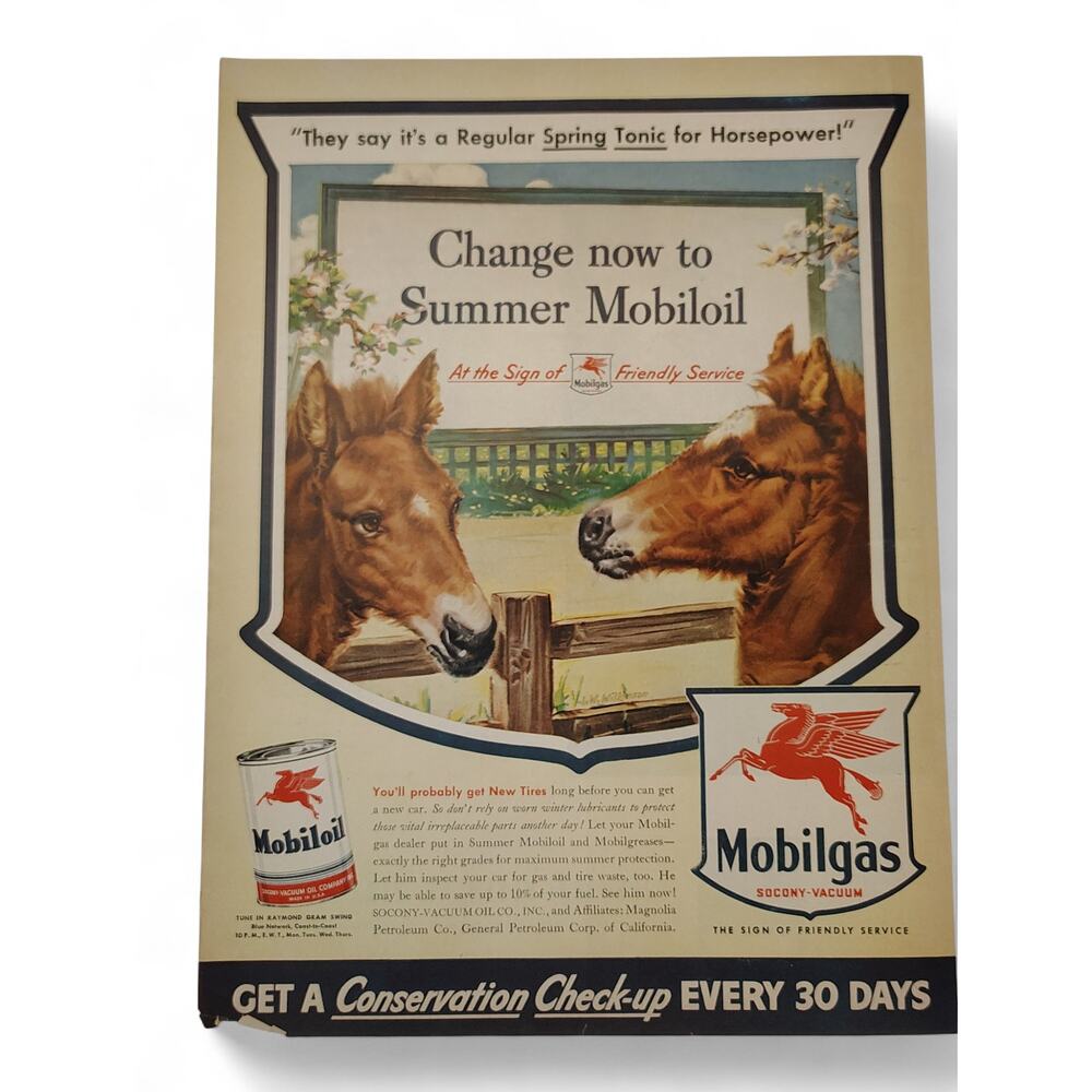 1943 Mobilgas Print Ad Horses by Fence Scene 1940s Automotive Ephemera